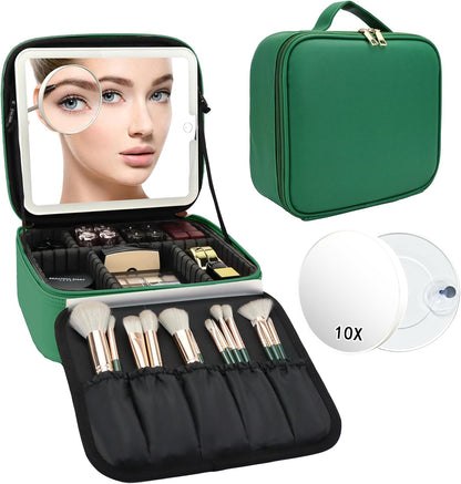 Travel Makeup Bag with LED Mirror Travel Makeup Organizer with 3 Lighted Settings, Adjustable Dividers and Makeup Brush Storage Bag Black