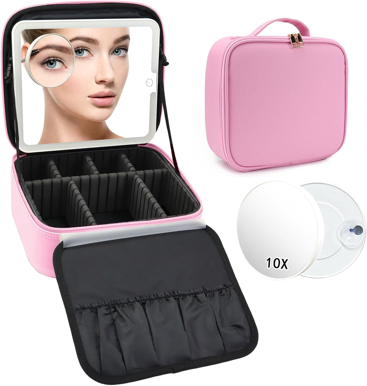 Travel Makeup Bag with LED Mirror Travel Makeup Organizer with 3 Lighted Settings, Adjustable Dividers and Makeup Brush Storage Bag Black
