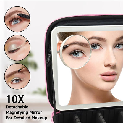 Travel Makeup Bag with LED Mirror Travel Makeup Organizer with 3 Lighted Settings, Adjustable Dividers and Makeup Brush Storage Bag Black