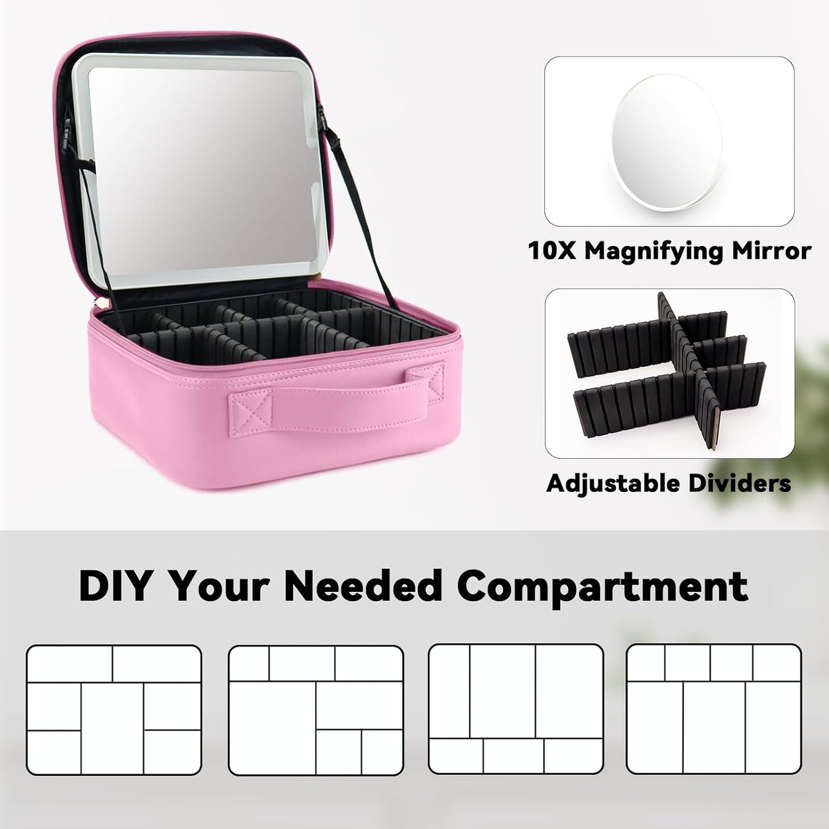 Travel Makeup Bag with LED Mirror Travel Makeup Organizer with 3 Lighted Settings, Adjustable Dividers and Makeup Brush Storage Bag Black