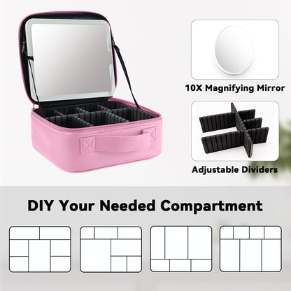 Travel Makeup Bag with LED Mirror Travel Makeup Organizer with 3 Lighted Settings, Adjustable Dividers and Makeup Brush Storage Bag Black