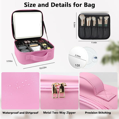 Travel Makeup Bag with LED Mirror Travel Makeup Organizer with 3 Lighted Settings, Adjustable Dividers and Makeup Brush Storage Bag Black
