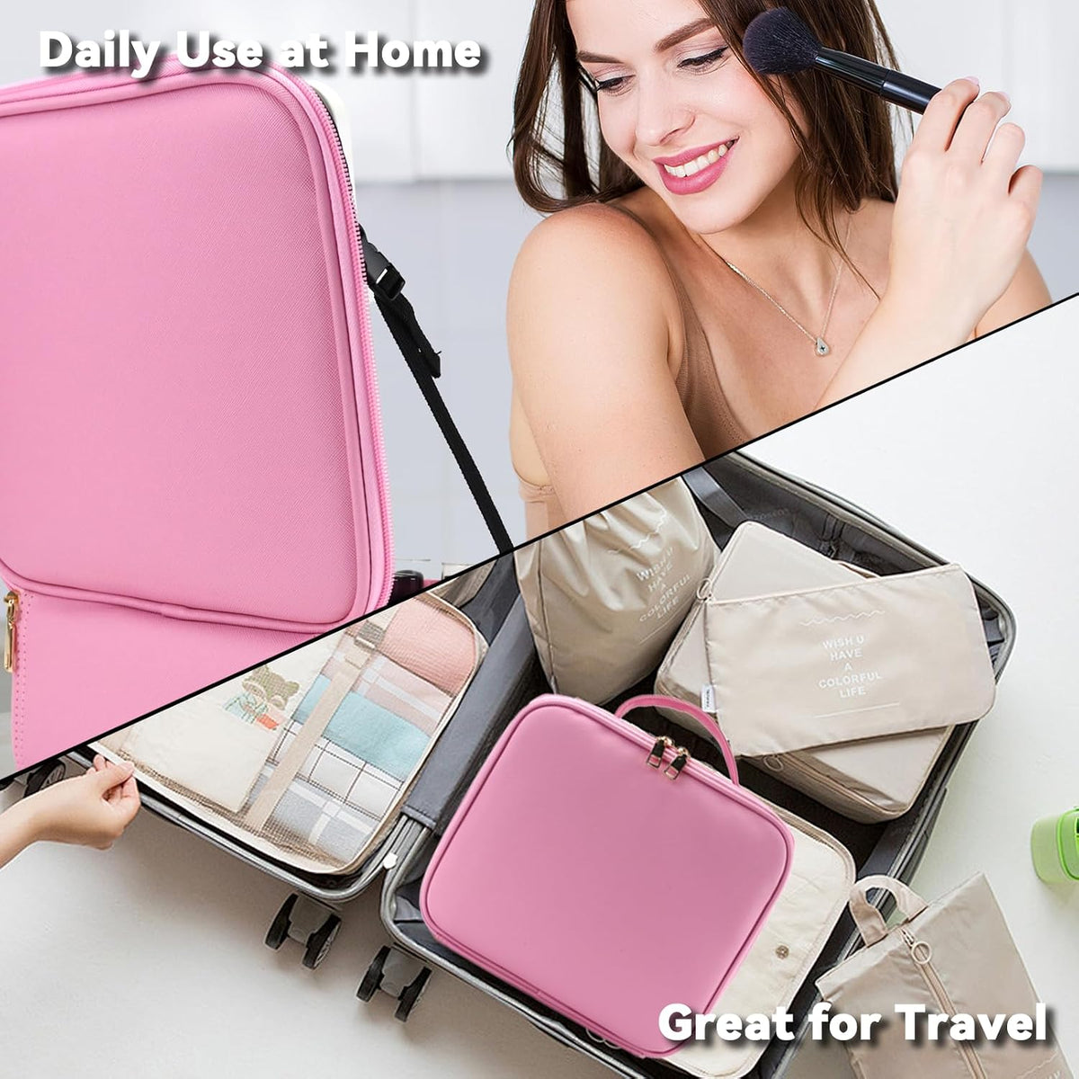 Travel Makeup Bag with LED Mirror Travel Makeup Organizer with 3 Lighted Settings, Adjustable Dividers and Makeup Brush Storage Bag Black