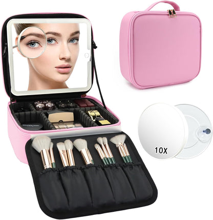 Travel Makeup Bag with LED Mirror Travel Makeup Organizer with 3 Lighted Settings, Adjustable Dividers and Makeup Brush Storage Bag Black