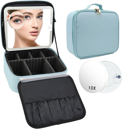 Travel Makeup Bag with LED Mirror Travel Makeup Organizer with 3 Lighted Settings, Adjustable Dividers and Makeup Brush Storage Bag Black