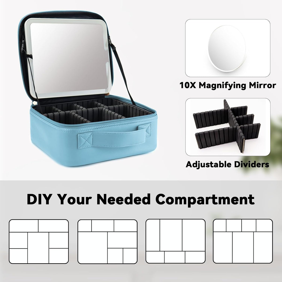 Travel Makeup Bag with LED Mirror Travel Makeup Organizer with 3 Lighted Settings, Adjustable Dividers and Makeup Brush Storage Bag Black