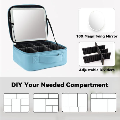 Travel Makeup Bag with LED Mirror Travel Makeup Organizer with 3 Lighted Settings, Adjustable Dividers and Makeup Brush Storage Bag Black