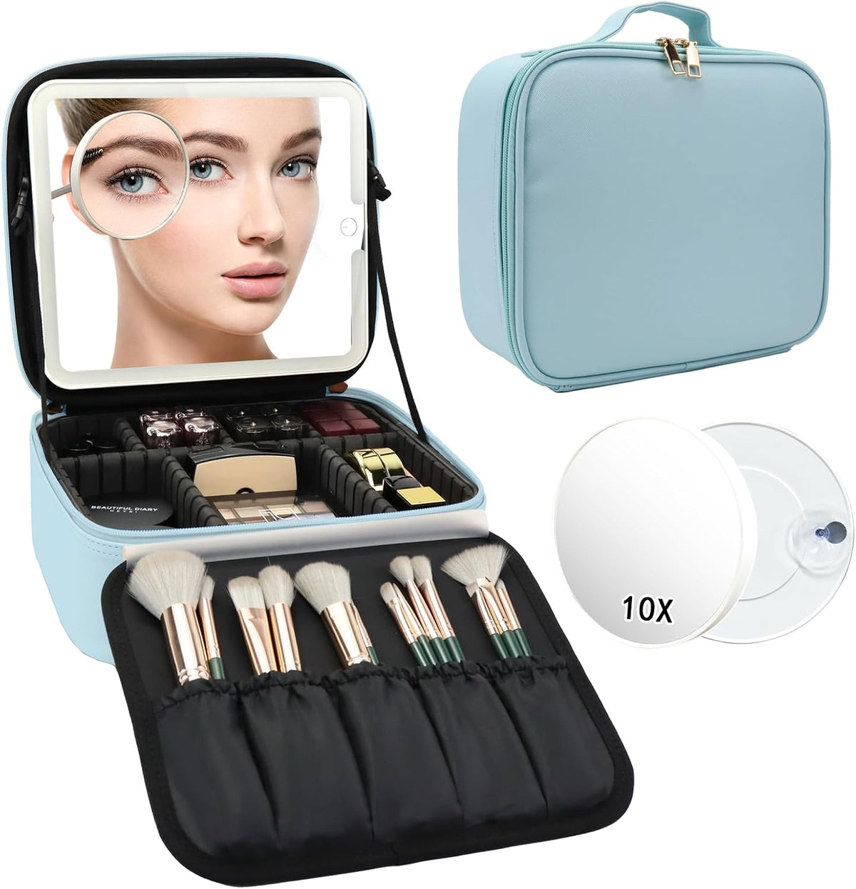 Travel Makeup Bag with LED Mirror Travel Makeup Organizer with 3 Lighted Settings, Adjustable Dividers and Makeup Brush Storage Bag Black