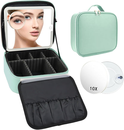 Travel Makeup Bag with LED Mirror Travel Makeup Organizer with 3 Lighted Settings, Adjustable Dividers and Makeup Brush Storage Bag Black
