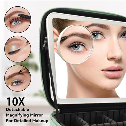 Travel Makeup Bag with LED Mirror Travel Makeup Organizer with 3 Lighted Settings, Adjustable Dividers and Makeup Brush Storage Bag Black