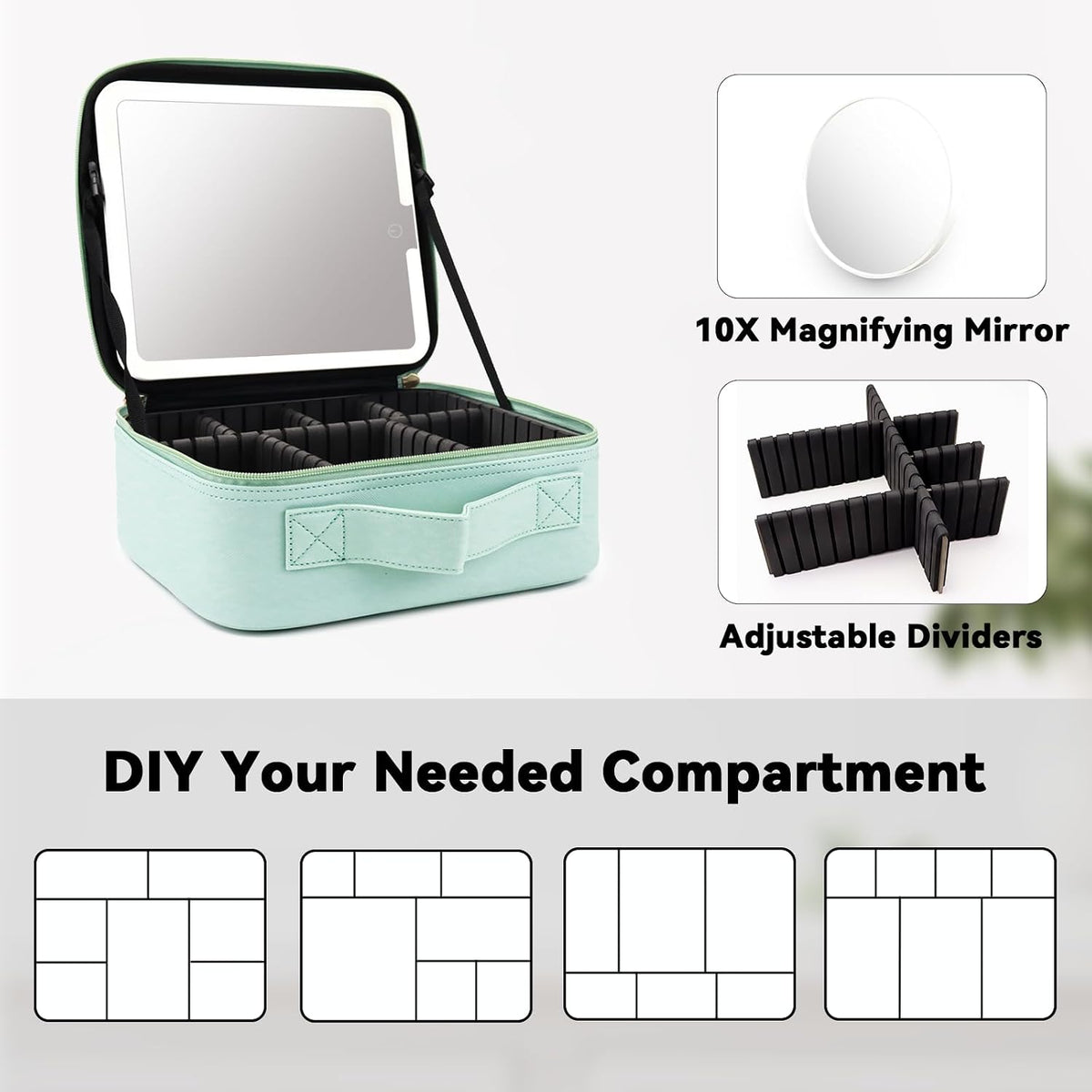 Travel Makeup Bag with LED Mirror Travel Makeup Organizer with 3 Lighted Settings, Adjustable Dividers and Makeup Brush Storage Bag Black