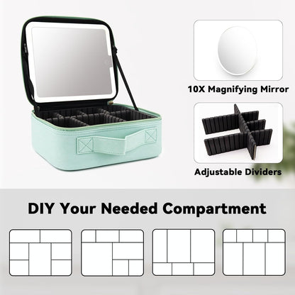 Travel Makeup Bag with LED Mirror Travel Makeup Organizer with 3 Lighted Settings, Adjustable Dividers and Makeup Brush Storage Bag Black
