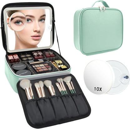 Travel Makeup Bag with LED Mirror Travel Makeup Organizer with 3 Lighted Settings, Adjustable Dividers and Makeup Brush Storage Bag Black