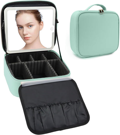 Travel Makeup Bag with LED Mirror Travel Makeup Organizer with 3 Lighted Settings, Adjustable Dividers and Makeup Brush Storage Bag Black