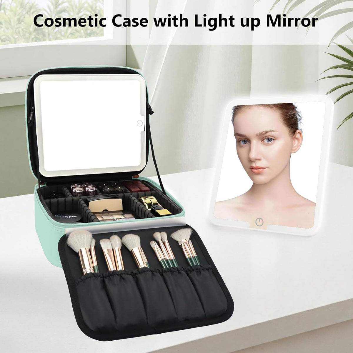 Travel Makeup Bag with LED Mirror Travel Makeup Organizer with 3 Lighted Settings, Adjustable Dividers and Makeup Brush Storage Bag Black