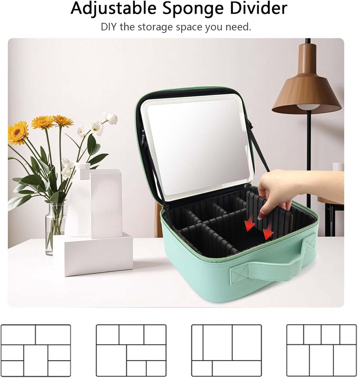 Travel Makeup Bag with LED Mirror Travel Makeup Organizer with 3 Lighted Settings, Adjustable Dividers and Makeup Brush Storage Bag Black