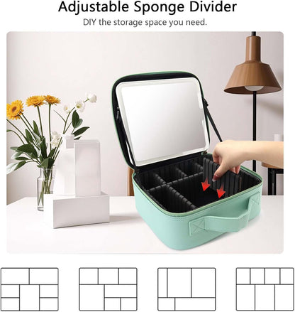 Travel Makeup Bag with LED Mirror Travel Makeup Organizer with 3 Lighted Settings, Adjustable Dividers and Makeup Brush Storage Bag Black