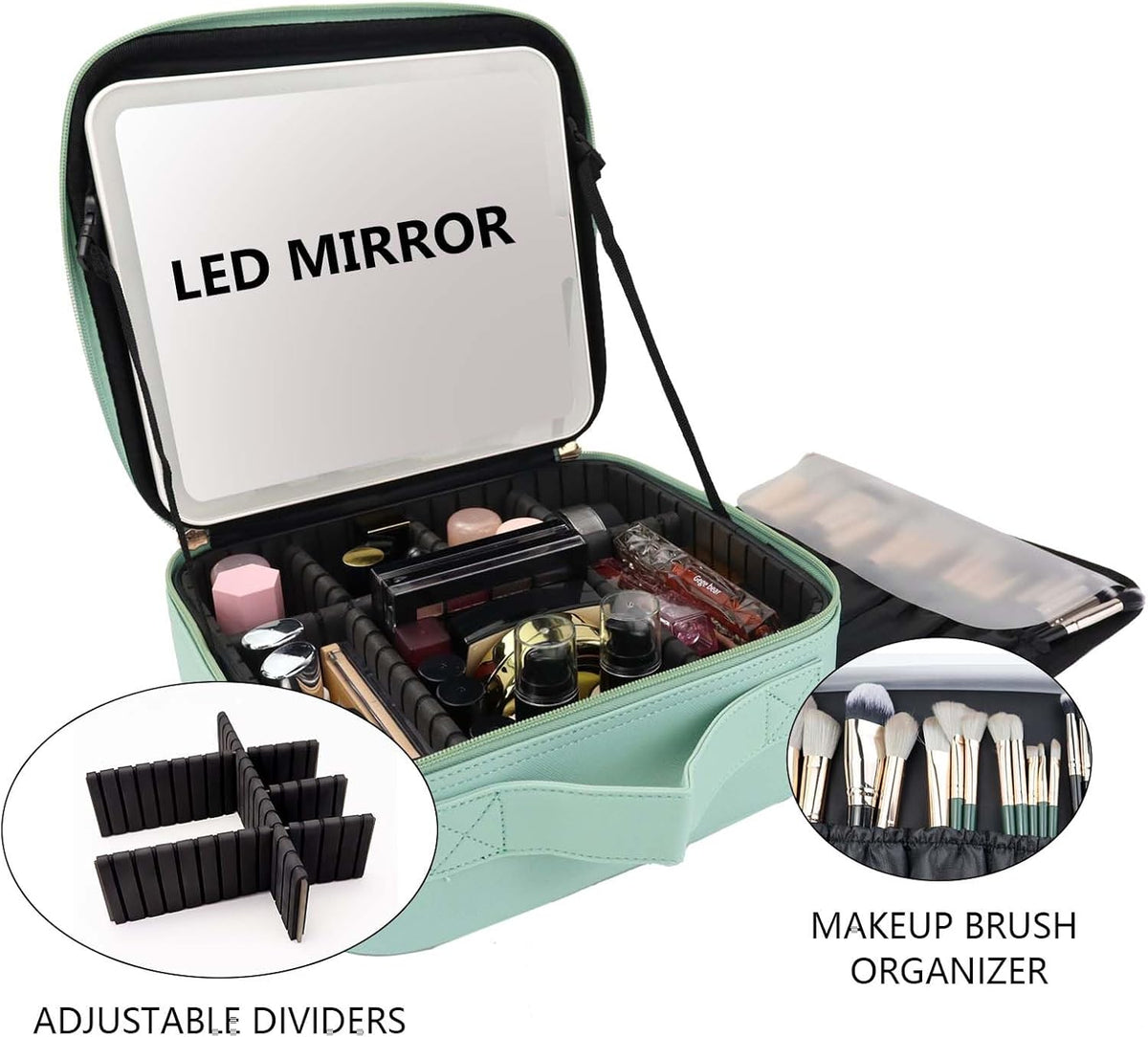 Travel Makeup Bag with LED Mirror Travel Makeup Organizer with 3 Lighted Settings, Adjustable Dividers and Makeup Brush Storage Bag Black