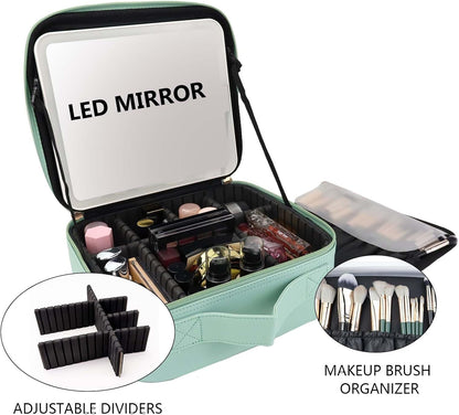 Travel Makeup Bag with LED Mirror Travel Makeup Organizer with 3 Lighted Settings, Adjustable Dividers and Makeup Brush Storage Bag Black