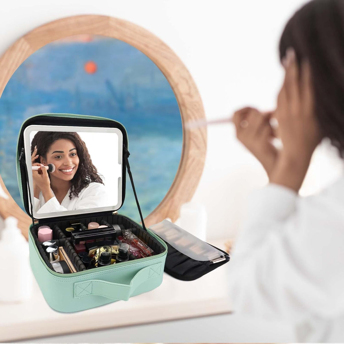 Travel Makeup Bag with LED Mirror Travel Makeup Organizer with 3 Lighted Settings, Adjustable Dividers and Makeup Brush Storage Bag Black