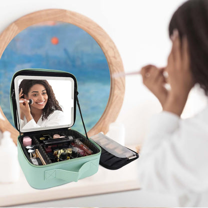 Travel Makeup Bag with LED Mirror Travel Makeup Organizer with 3 Lighted Settings, Adjustable Dividers and Makeup Brush Storage Bag Black