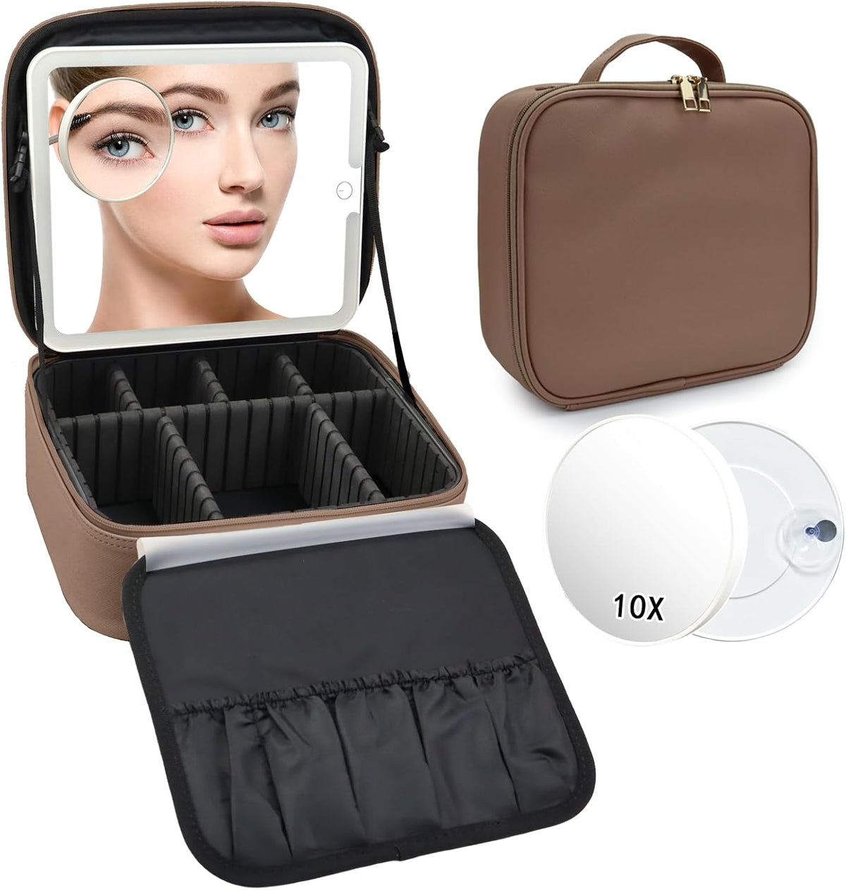 Travel Makeup Bag with LED Mirror Travel Makeup Organizer with 3 Lighted Settings, Adjustable Dividers and Makeup Brush Storage Bag Black