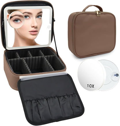 Travel Makeup Bag with LED Mirror Travel Makeup Organizer with 3 Lighted Settings, Adjustable Dividers and Makeup Brush Storage Bag Black