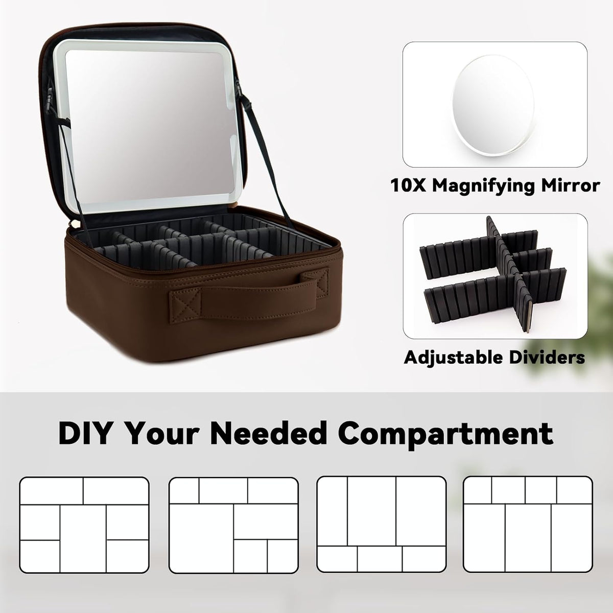 Travel Makeup Bag with LED Mirror Travel Makeup Organizer with 3 Lighted Settings, Adjustable Dividers and Makeup Brush Storage Bag Black
