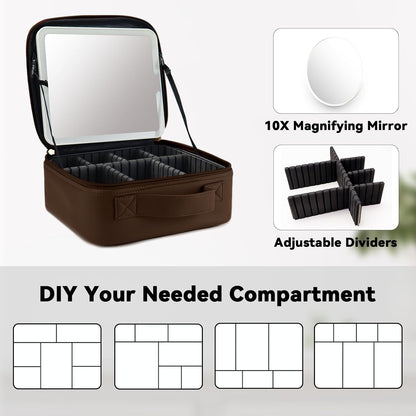 Travel Makeup Bag with LED Mirror Travel Makeup Organizer with 3 Lighted Settings, Adjustable Dividers and Makeup Brush Storage Bag Black