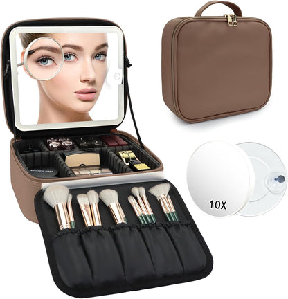 Travel Makeup Bag with LED Mirror Travel Makeup Organizer with 3 Lighted Settings, Adjustable Dividers and Makeup Brush Storage Bag Black