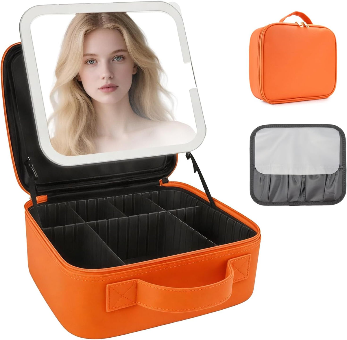 Travel Makeup Bag with LED Mirror Travel Makeup Organizer with 3 Lighted Settings, Adjustable Dividers and Makeup Brush Storage Bag Black