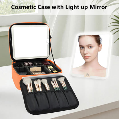 Travel Makeup Bag with LED Mirror Travel Makeup Organizer with 3 Lighted Settings, Adjustable Dividers and Makeup Brush Storage Bag Black