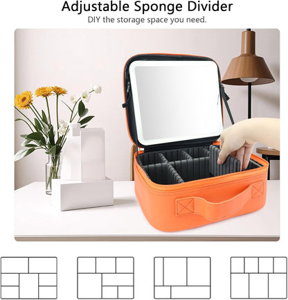 Travel Makeup Bag with LED Mirror Travel Makeup Organizer with 3 Lighted Settings, Adjustable Dividers and Makeup Brush Storage Bag Black