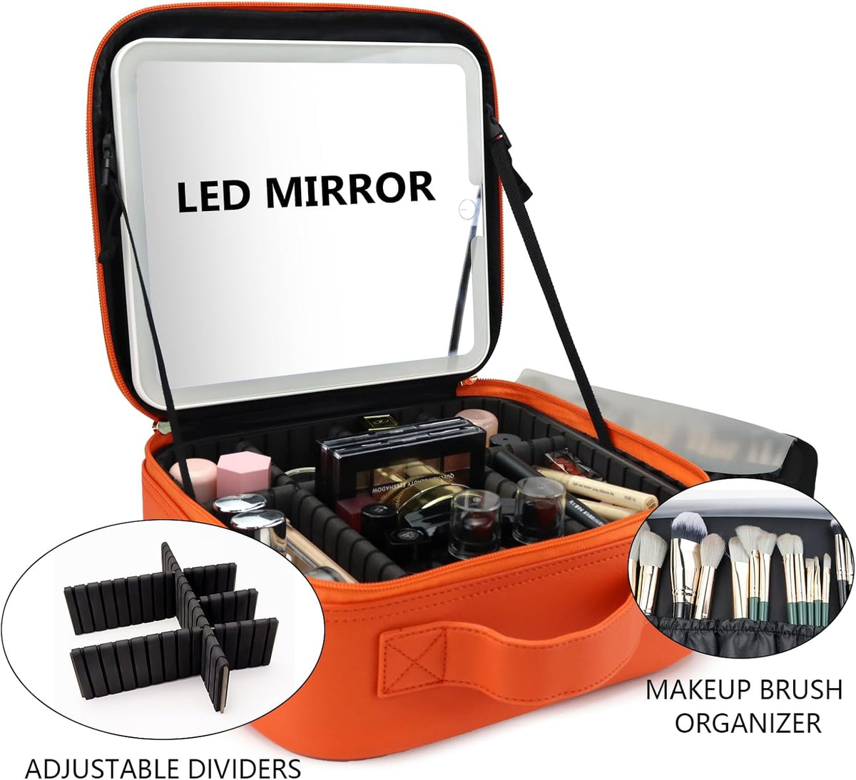 Travel Makeup Bag with LED Mirror Travel Makeup Organizer with 3 Lighted Settings, Adjustable Dividers and Makeup Brush Storage Bag Black