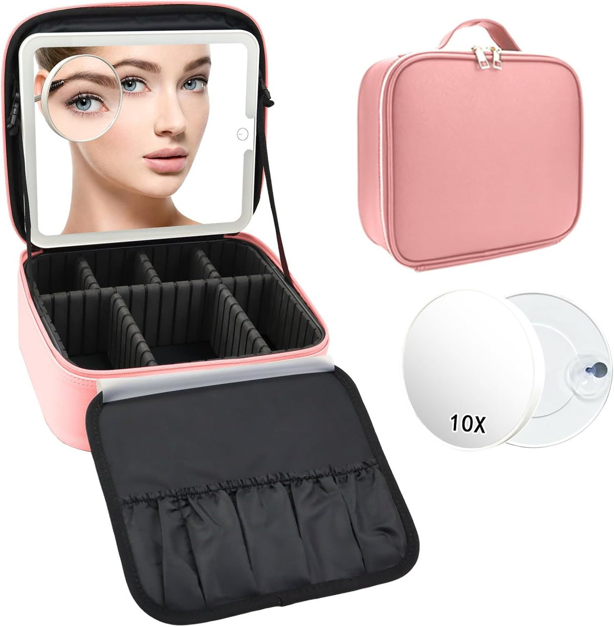 Travel Makeup Bag with LED Mirror Travel Makeup Organizer with 3 Lighted Settings, Adjustable Dividers and Makeup Brush Storage Bag Black