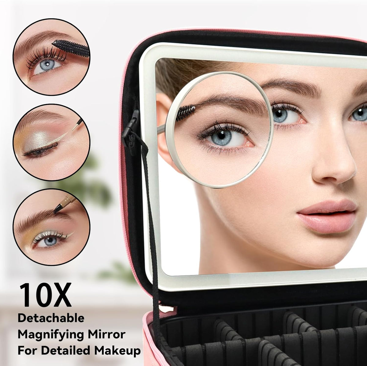 Travel Makeup Bag with LED Mirror Travel Makeup Organizer with 3 Lighted Settings, Adjustable Dividers and Makeup Brush Storage Bag Black