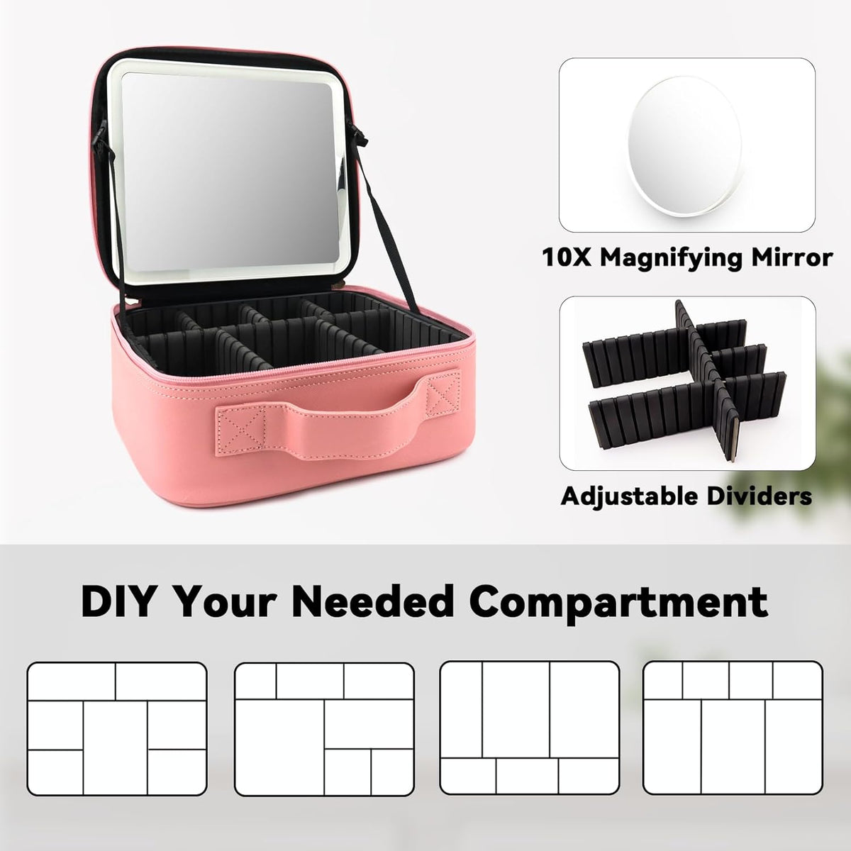 Travel Makeup Bag with LED Mirror Travel Makeup Organizer with 3 Lighted Settings, Adjustable Dividers and Makeup Brush Storage Bag Black