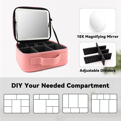 Travel Makeup Bag with LED Mirror Travel Makeup Organizer with 3 Lighted Settings, Adjustable Dividers and Makeup Brush Storage Bag Black