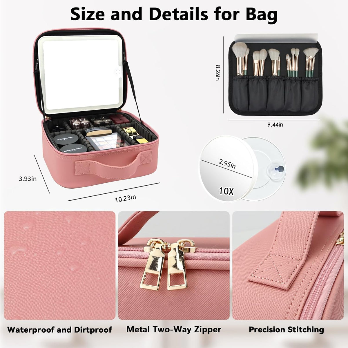 Travel Makeup Bag with LED Mirror Travel Makeup Organizer with 3 Lighted Settings, Adjustable Dividers and Makeup Brush Storage Bag Black