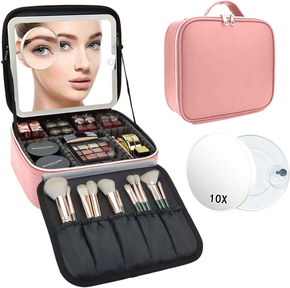 Travel Makeup Bag with LED Mirror Travel Makeup Organizer with 3 Lighted Settings, Adjustable Dividers and Makeup Brush Storage Bag Black