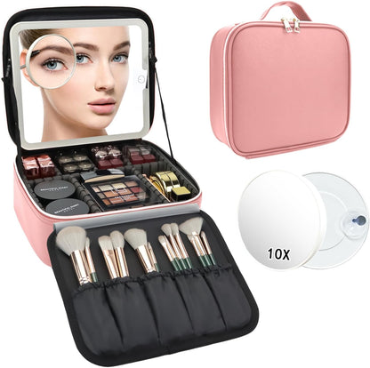 Travel Makeup Bag with LED Mirror Travel Makeup Organizer with 3 Lighted Settings, Adjustable Dividers and Makeup Brush Storage Bag Black
