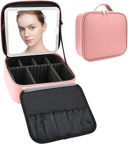 Travel Makeup Bag with LED Mirror Travel Makeup Organizer with 3 Lighted Settings, Adjustable Dividers and Makeup Brush Storage Bag Black
