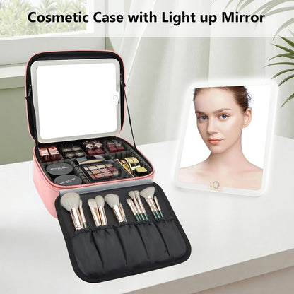Travel Makeup Bag with LED Mirror Travel Makeup Organizer with 3 Lighted Settings, Adjustable Dividers and Makeup Brush Storage Bag Black