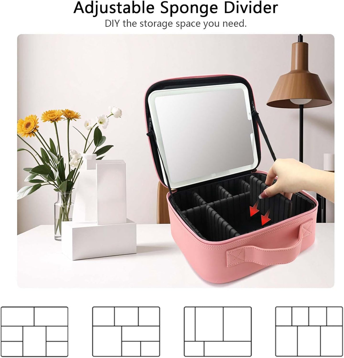 Travel Makeup Bag with LED Mirror Travel Makeup Organizer with 3 Lighted Settings, Adjustable Dividers and Makeup Brush Storage Bag Black