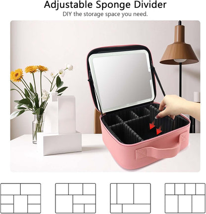 Travel Makeup Bag with LED Mirror Travel Makeup Organizer with 3 Lighted Settings, Adjustable Dividers and Makeup Brush Storage Bag Black