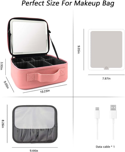 Travel Makeup Bag with LED Mirror Travel Makeup Organizer with 3 Lighted Settings, Adjustable Dividers and Makeup Brush Storage Bag Black