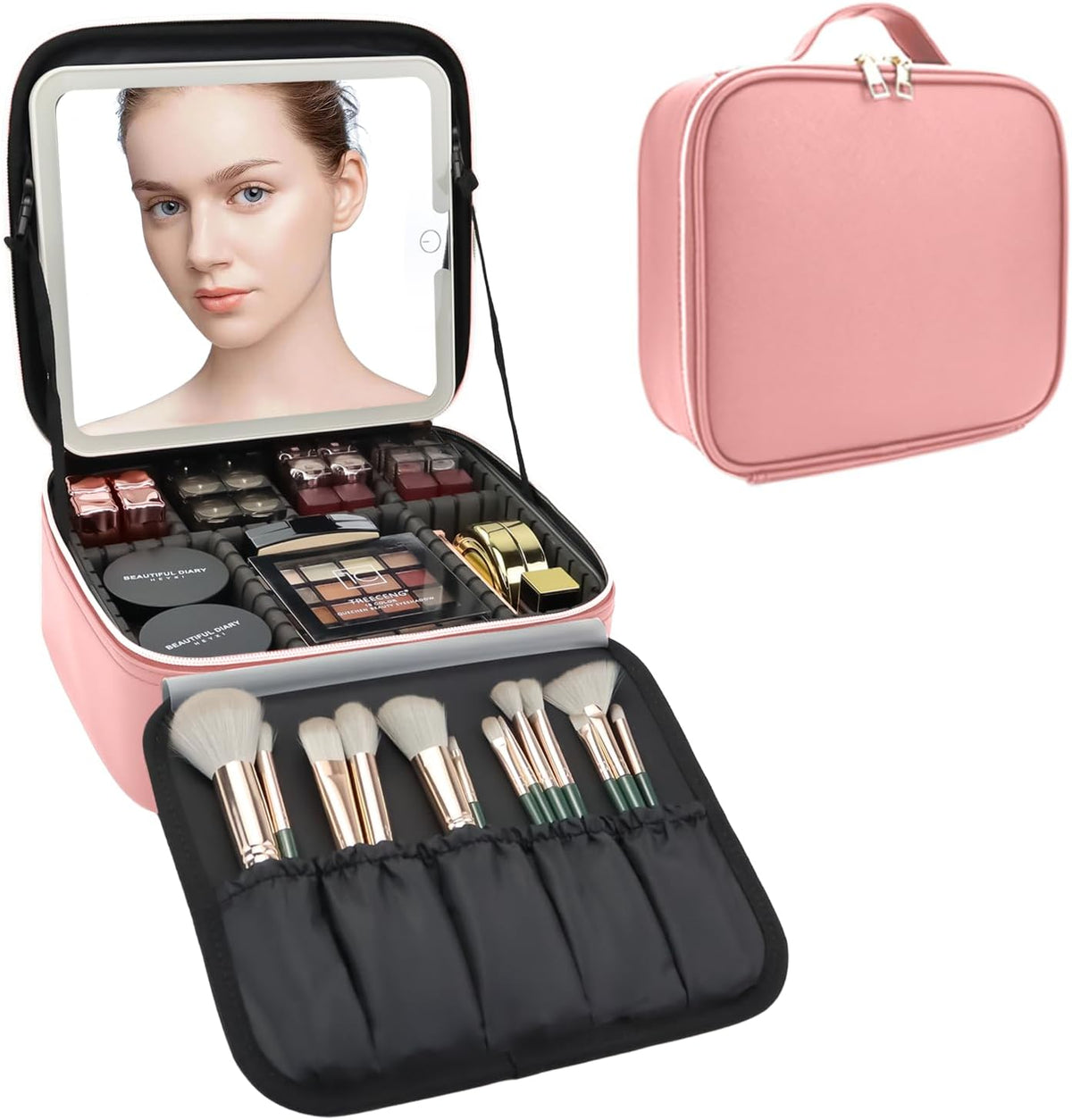 Travel Makeup Bag with LED Mirror Travel Makeup Organizer with 3 Lighted Settings, Adjustable Dividers and Makeup Brush Storage Bag Black