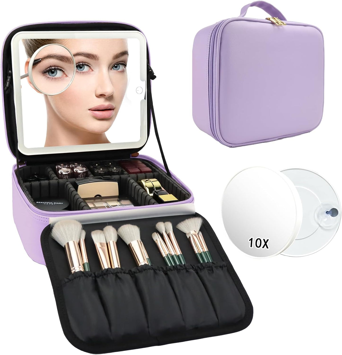 Travel Makeup Bag with LED Mirror Travel Makeup Organizer with 3 Lighted Settings, Adjustable Dividers and Makeup Brush Storage Bag Black