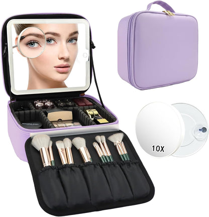 Travel Makeup Bag with LED Mirror Travel Makeup Organizer with 3 Lighted Settings, Adjustable Dividers and Makeup Brush Storage Bag Black