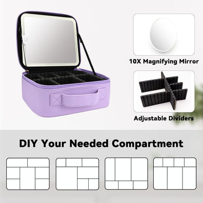 Travel Makeup Bag with LED Mirror Travel Makeup Organizer with 3 Lighted Settings, Adjustable Dividers and Makeup Brush Storage Bag Black